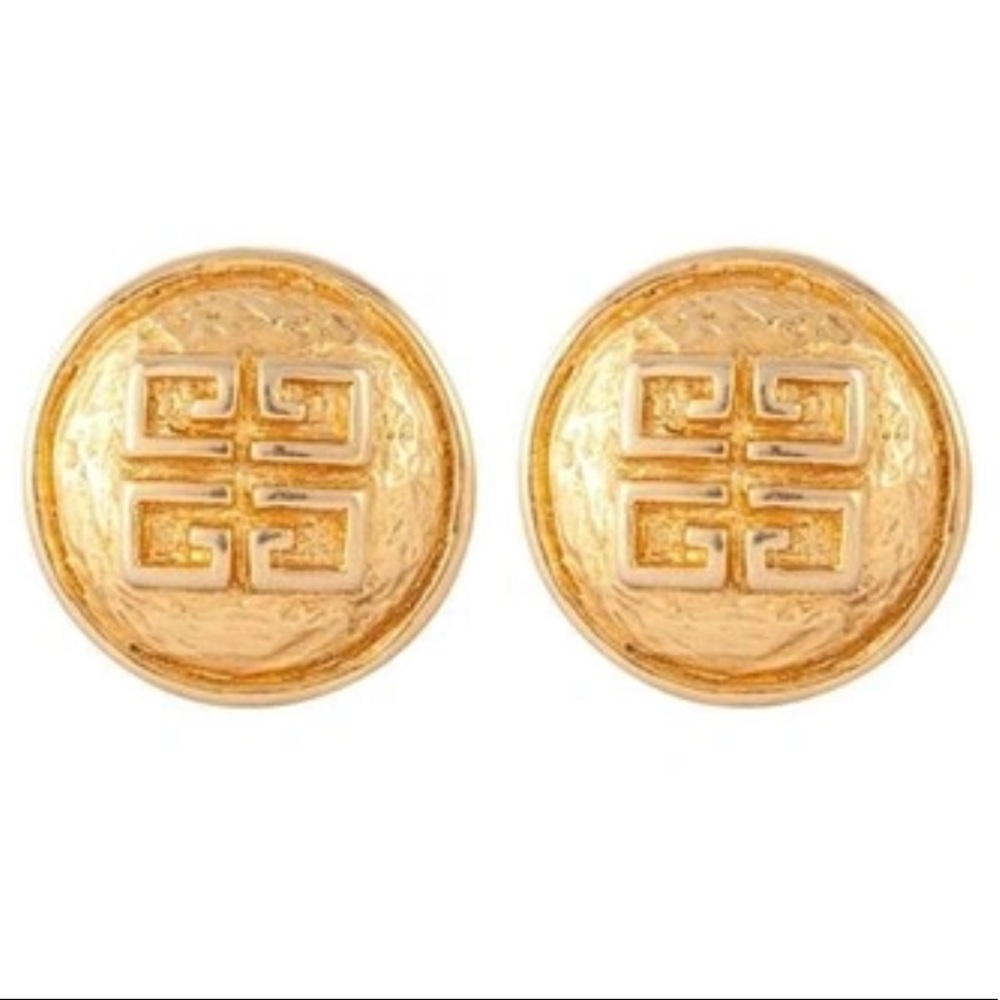 Vintage GIVENCHY Paris New York 4G Logo Gold Disc Clip Earrings